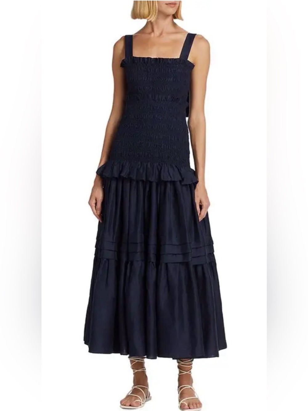 Acler Navy Smocked Midi Dress with Tiered Ruffle Skirt